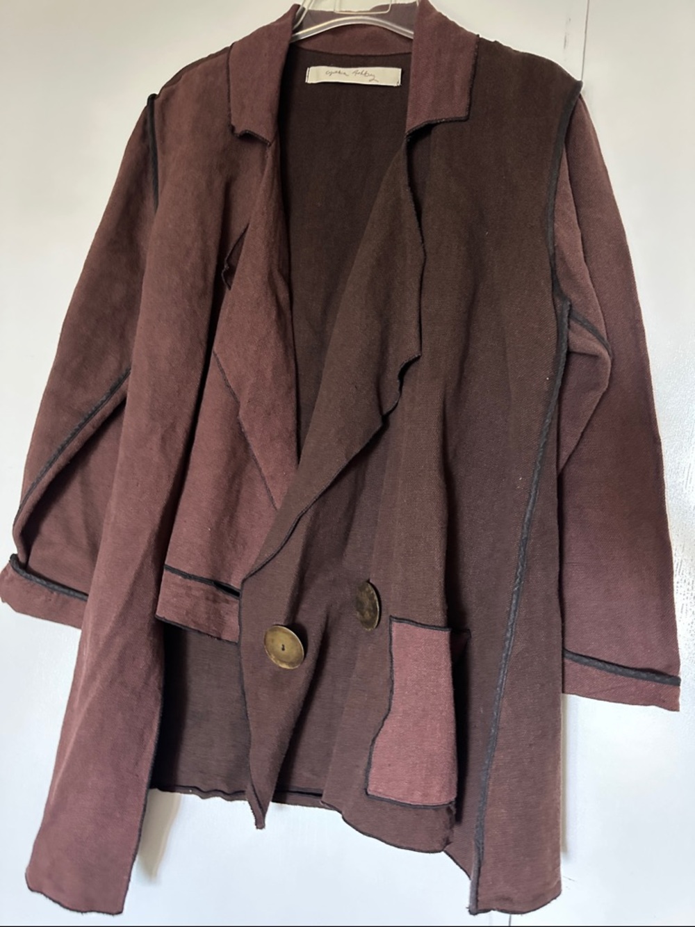 Cynthia Ashby Open-Front Brown Women's Jacket with Contrast Trim